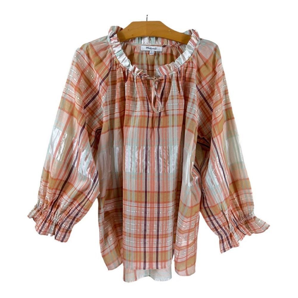 Madewell Plaid Tie-Neck Ruffle Sleeve Top